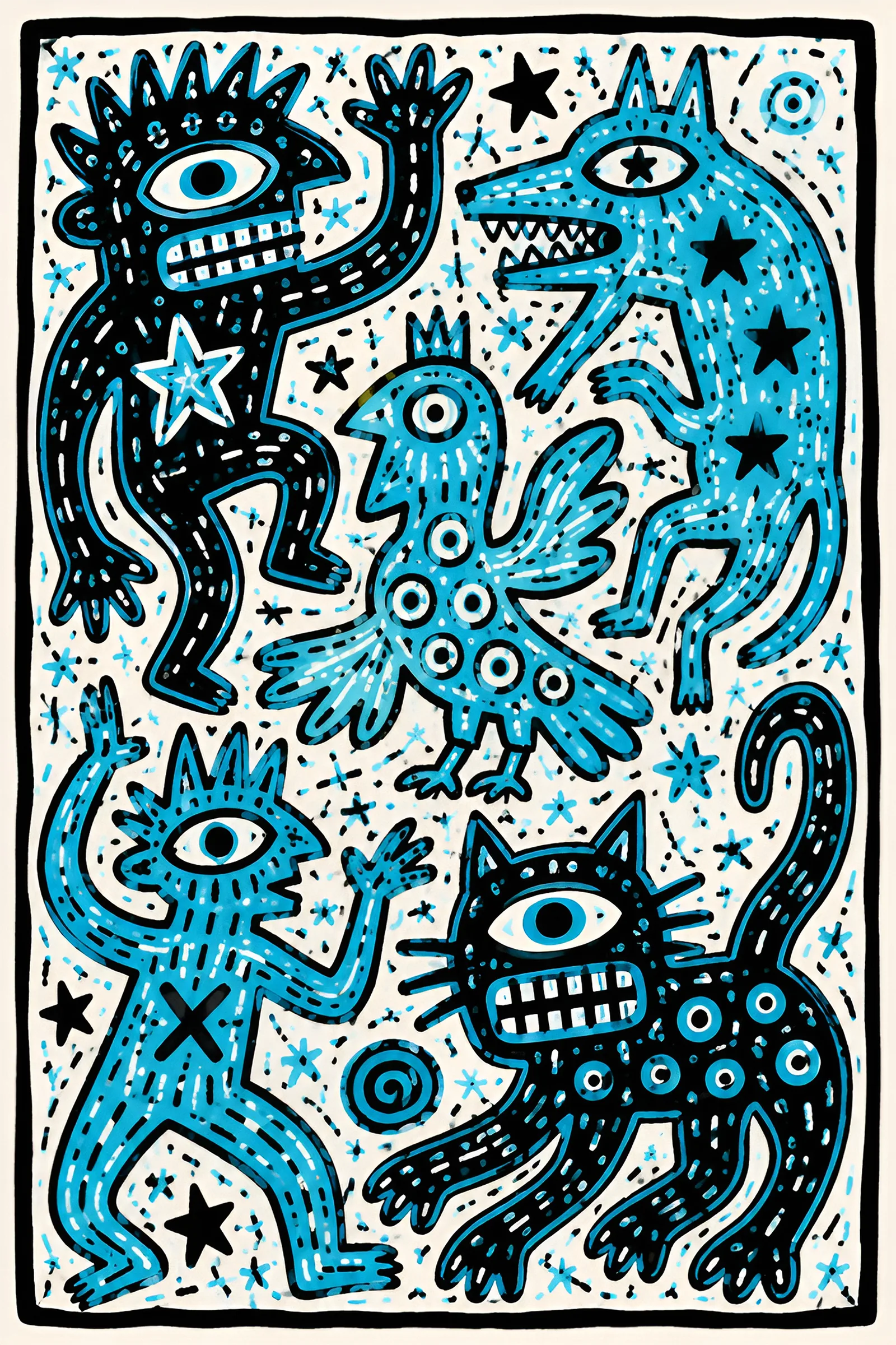 Blue Folk Creatures art print